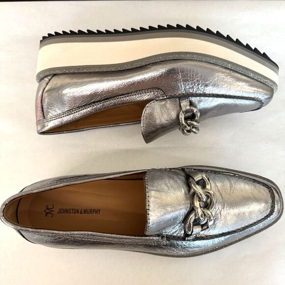 Johnston & Murphy Metallic Silver Platform Wedge Slip On Loafer Women 8 M Chain - Picture 1 of 15